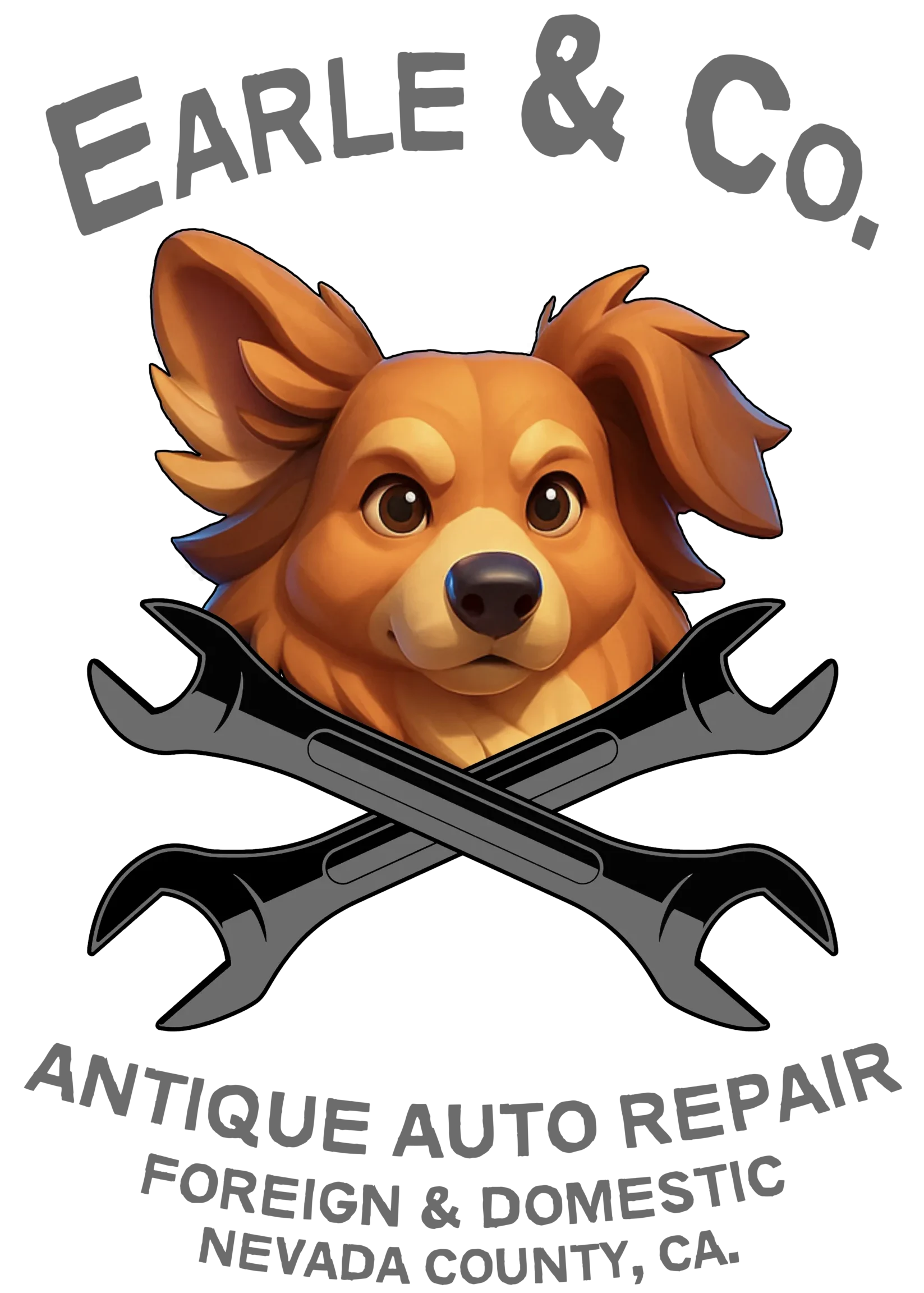 Illustrated dog mascot logo for Earle & Co. Antique Auto Repair, featuring crossed wrenches and the text ‘Foreign & Domestic, Nevada County, CA.